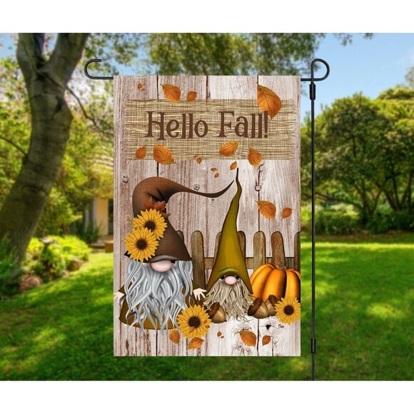 HELLO FALL Gnomes Double Sided Fall Gnome Garden Flag with Pumpkin Leaves NEW - Picture 2 of 7
